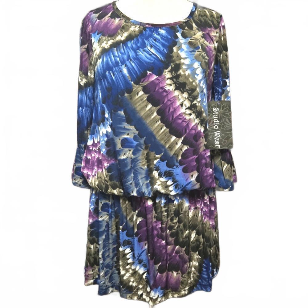 Studio West Purple Abstract Feather Print Blouson Tunic Size Large NWT